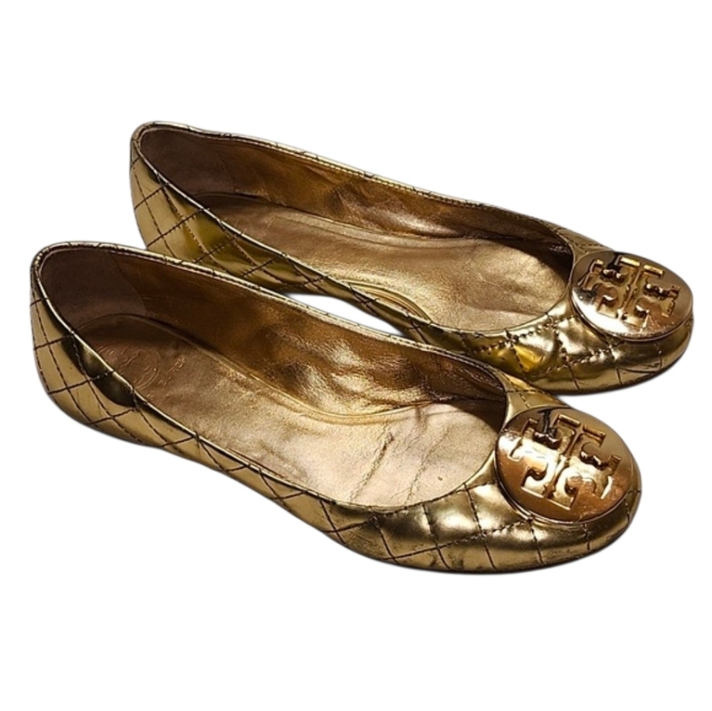 Tory Burch Quinn quilted patent leather ballet flats  gold color Logo Size 7